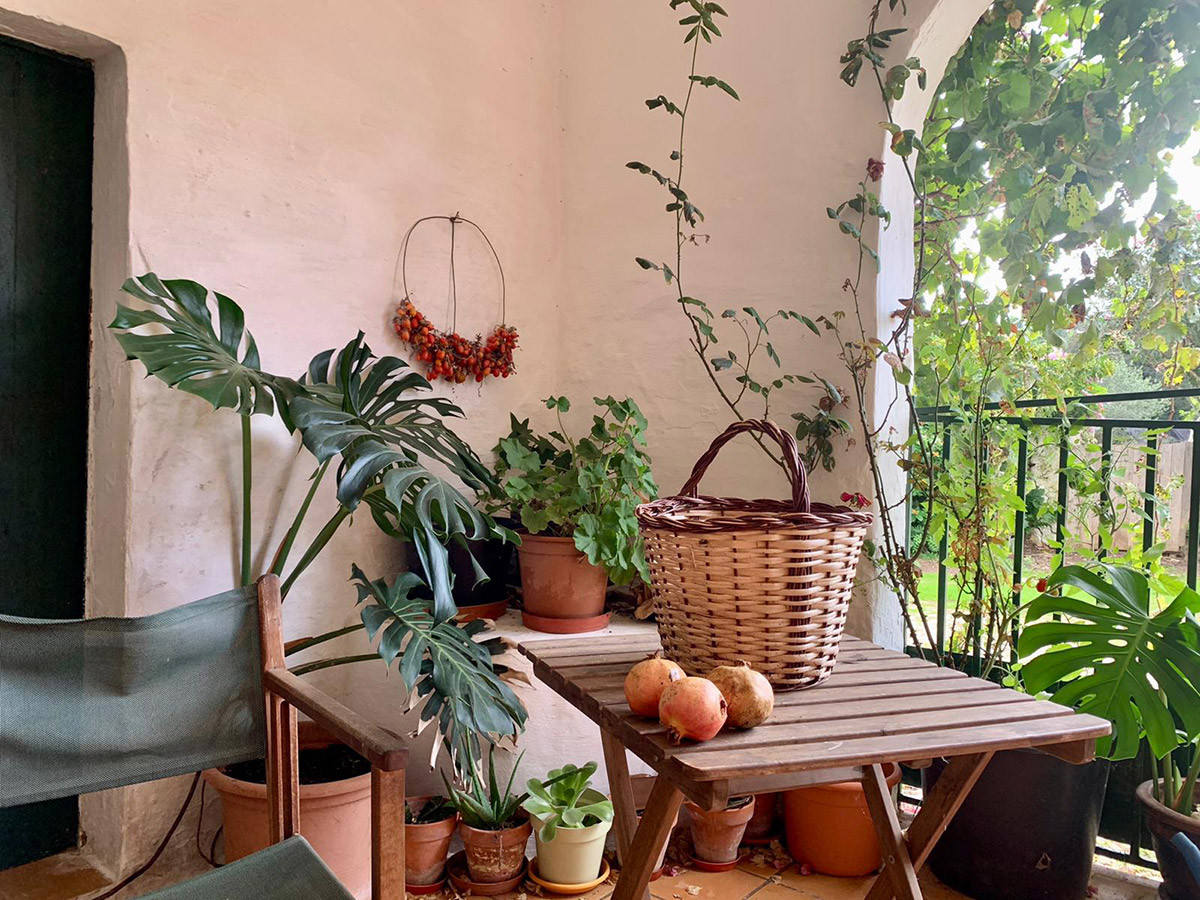 Balcony with plants, wooden table and chair.