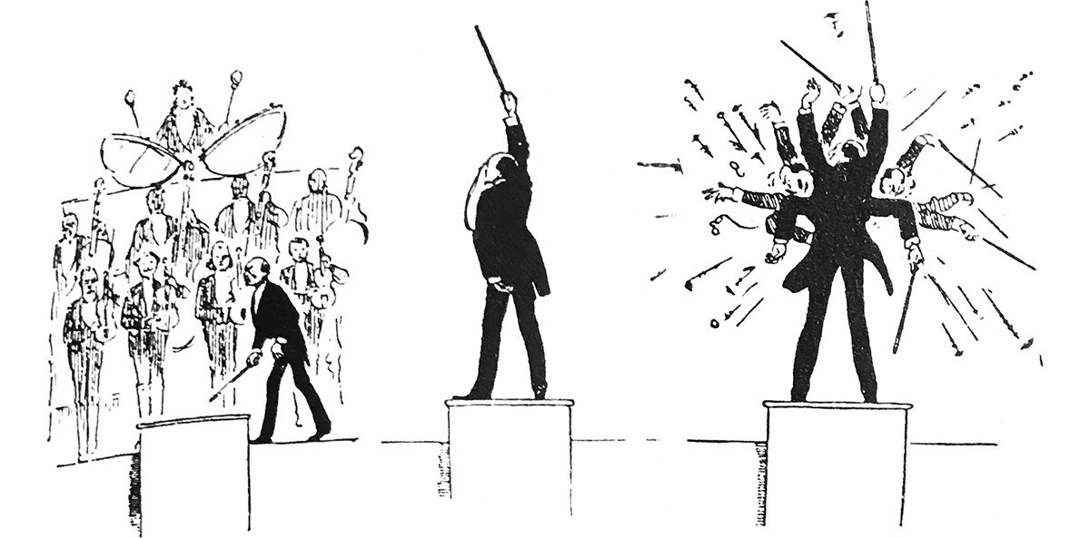 Illustration of conductor conducting musicians.