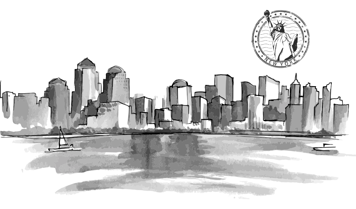 Dessin en noir et blanc de la skyline de New York.